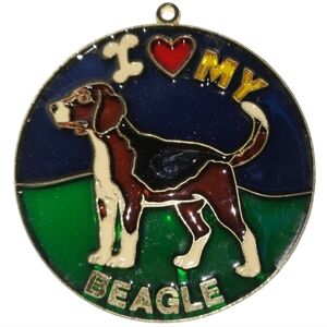 Vintage Handmade Stained Glass I love my Beagle Dog Suncatcher Ornament NEW